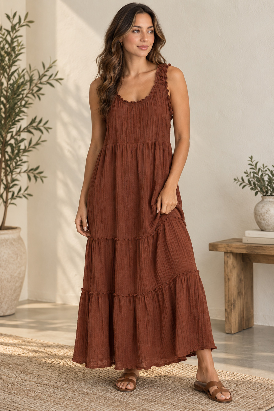 Lucky Brand Rust Brown Tiered Maxi Dress